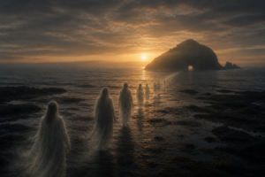 Figuras caminando hacia el horizonte sobre el mar con una isla tenue al fondo representando la llegada de las almas a la casa de los muertos