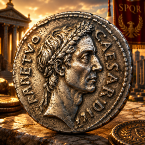 Moneda romana emitida durante la vida de Julio César con su retrato grabado y su título de Dictador Perpetuo, una de las primeras representaciones oficiales de un romano vivo