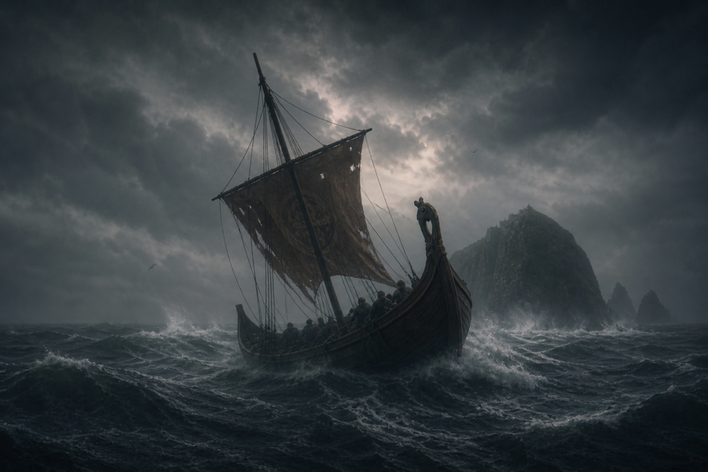 Naugragio de Donn. Barco atrapado en una tormenta en mar abierto con olas intensas y sensación de destino inevitable.