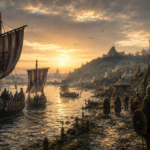 Barcos vikingos llegando por el río Sena al amanecer mientras se establece un primer asentamiento normando en la costa