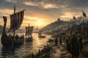Barcos vikingos llegando por el río Sena al amanecer mientras se establece un primer asentamiento normando en la costa