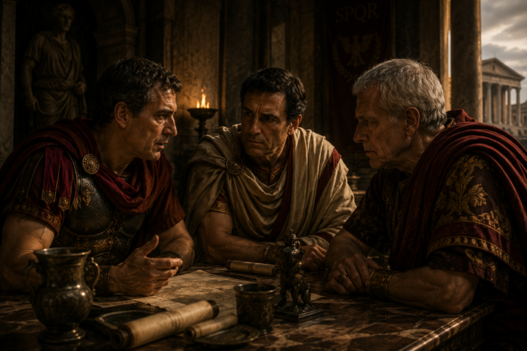 Julio César, Pompeyo y Craso reunidos en Roma durante la formación del Primer Triunvirato