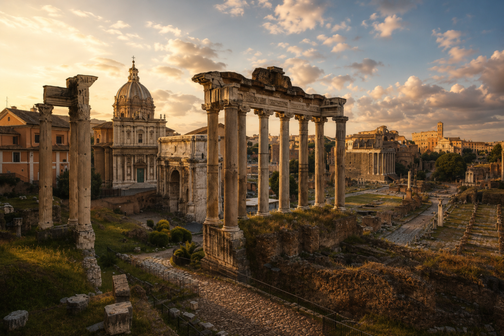 Ruinas del Templo del Divino Julio en el Foro Romano, construido en honor a Julio César tras su divinización