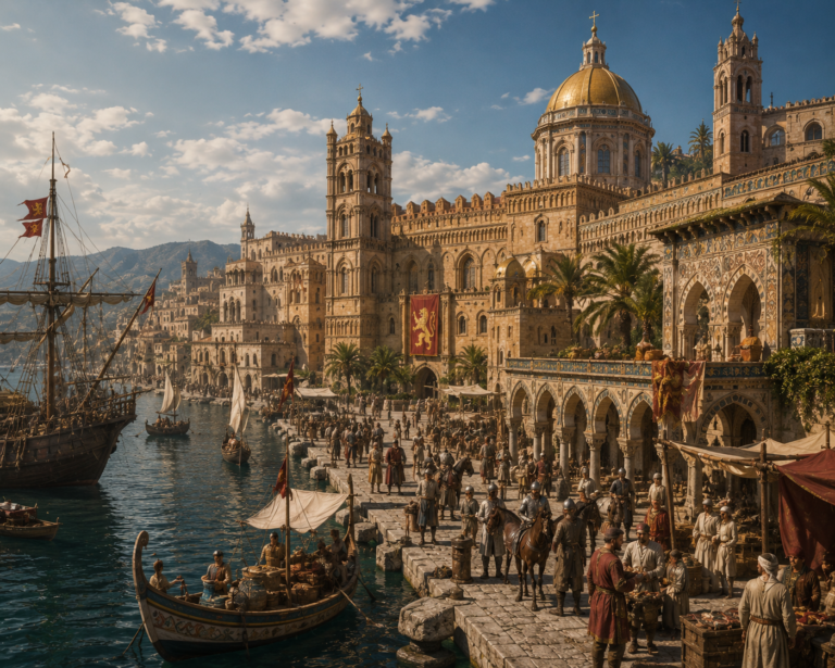 Vista inspirada en Palermo normanda con mezcla de arquitectura latina, árabe y bizantina mostrando la expansión normanda en el mediterráneo