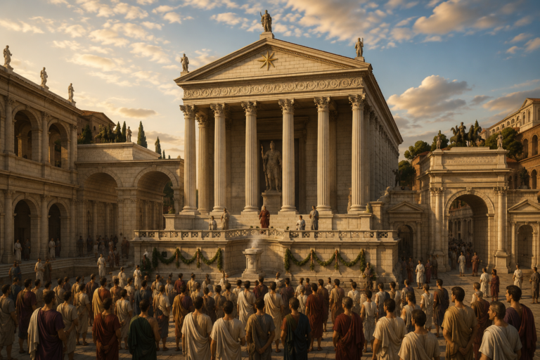 Reconstrucción del Templo del Divino Julio César en el Foro Romano durante la época imperial