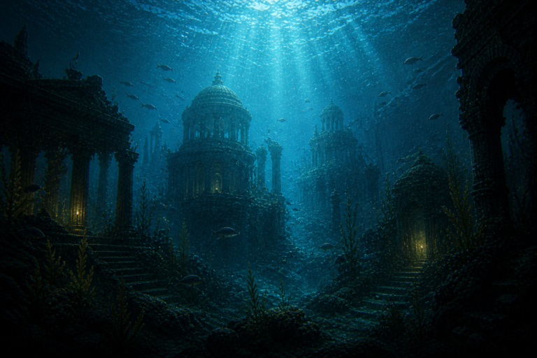 Paisaje submarino con estructuras ilustrando el reino bajo las olas de Tír fo Thuinn en la mitología celta
