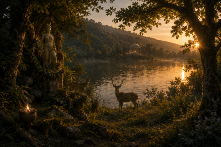 Paisaje del lago Nemi con una representación de la diosa Diana