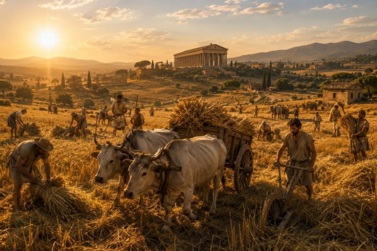 Agosto en la Antigua Roma era el tiempo de las cosechas donde los campesinos trabajan en campos de trigo junto a bueyes y carros de carga