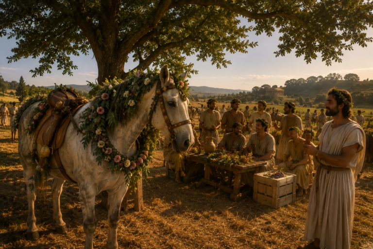 Las Feriae Augisti fue una festividad de descanso para los trabajos agrícolas instauradas por Augusto donde los animales eran adornados con flores y guirnardas