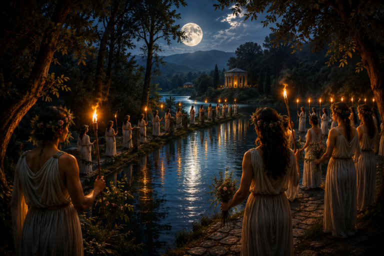 Procesión nocturna junto al lago de Nemi con antorchas encendidas, coronas de flores y romanos recorriendo el bosque sagrado durante las Nemoralia