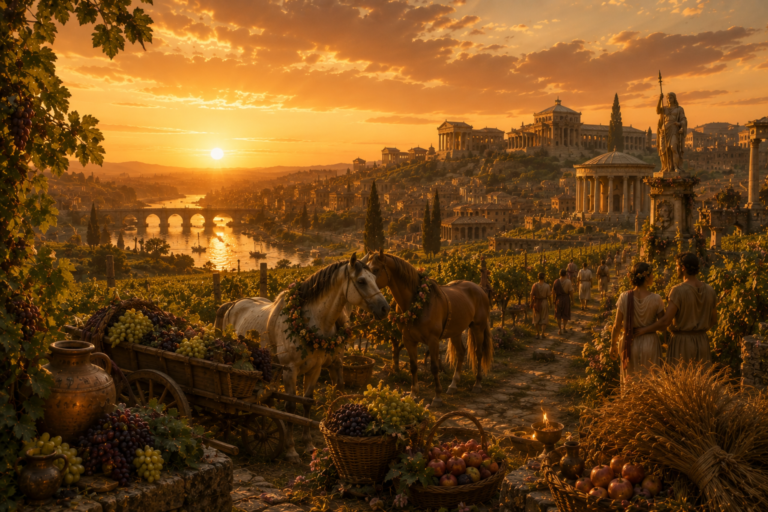 Roma y sus campos al final del verano, con viñedos y cosechas recogidas, animales adornados con guirlandas y templos bañados por la luz dorada del atardecer en agosto.