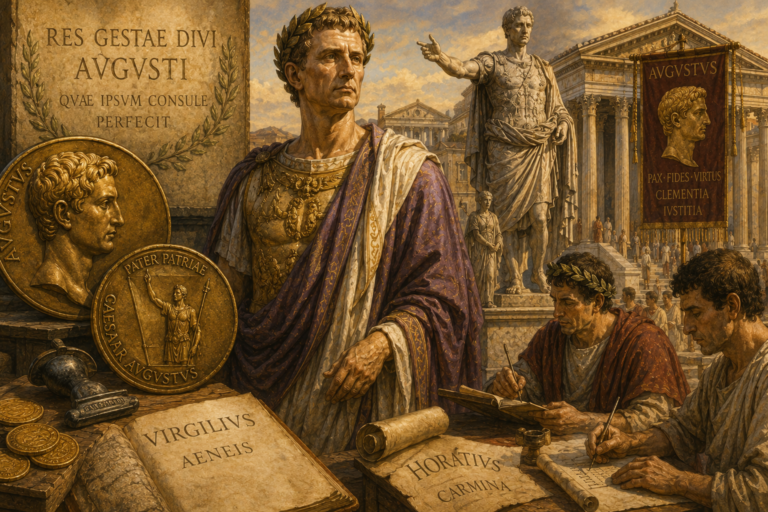 Monedas, esculturas, inscripciones y poetas participaban en la imagen pública de Augusto como gobernante y restaurador del nuevo Imperio romano.