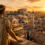 Augusto contempla una Roma monumental transformada por sus reformas, con templos de mármol y edificios públicos
