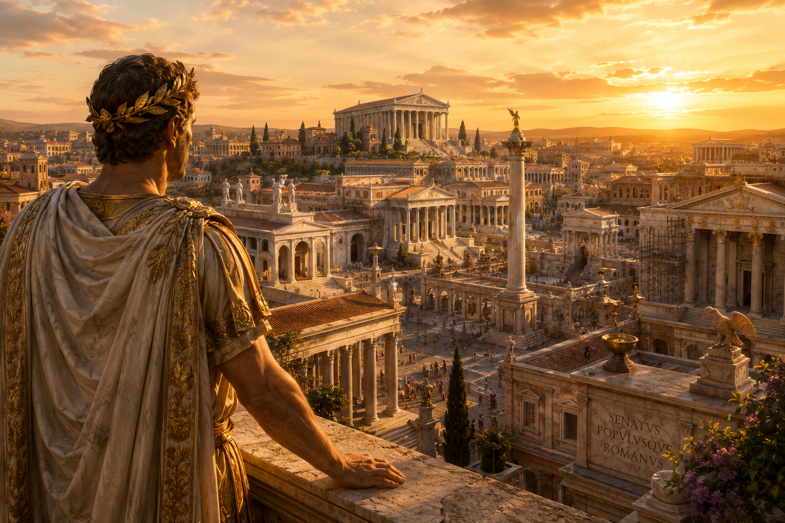 Augusto contempla una Roma monumental transformada por sus reformas, con templos de mármol y edificios públicos 