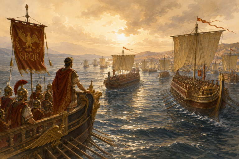 Flota romana navegando durante la batalla de Accio.