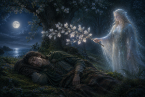 Bran mac Febail recibe una rama de manzano con flores plateadas, invitación mágica de la reina de Tír na mBan en la mitología celta
