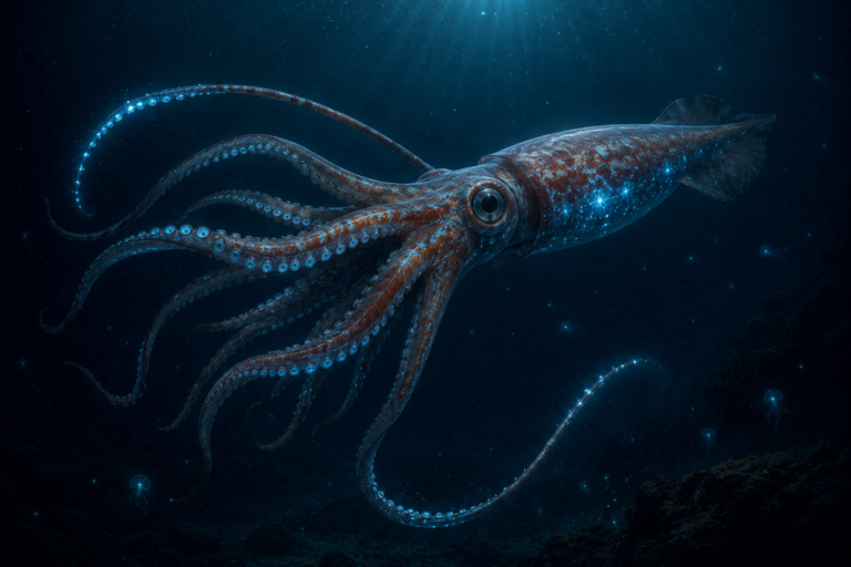 Calamar gigante en las profundidades oceánicas con destellos bioluminiscentes