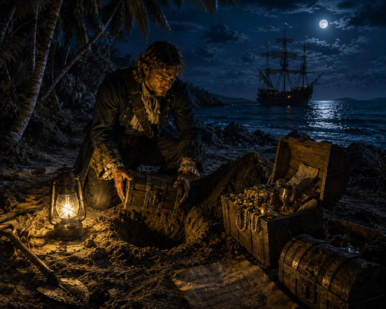 William Kidd escondiendo su tesoro en Gardiners Island en junio de 1699 antes de ser arrestado y ejecutado por piratería