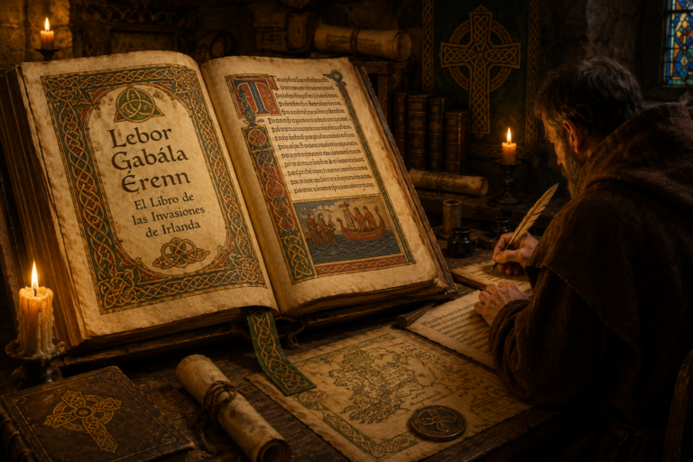 Escriba medieval trabajando sobre un manuscrito decorado del Libro de las Invasiones, Lebor Gabála Érenn
