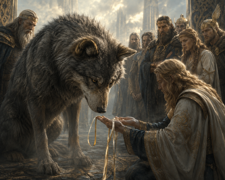 Fenrir observando la fina cinta de Gleipnir