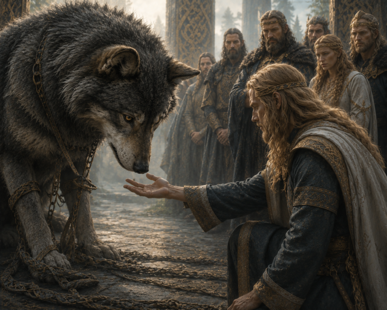 Tyr extiende la mano hacia Fenrir antes de descubrir que ha sido engañadp por los dioses