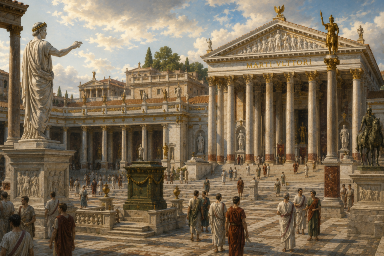 Ilustración del Foro de Augusto con el templo de Marte Ultor