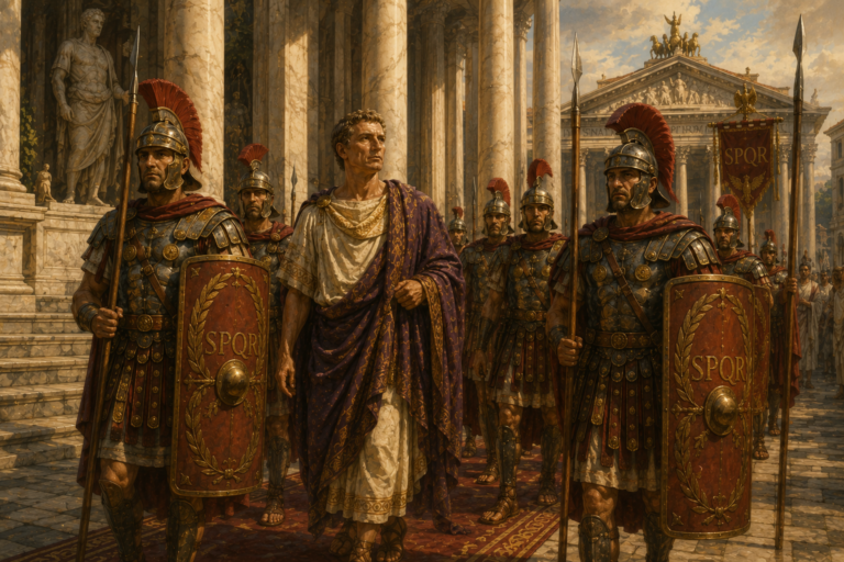 Guardias pretorianos escoltan al primer emperador de Roma, Augusto