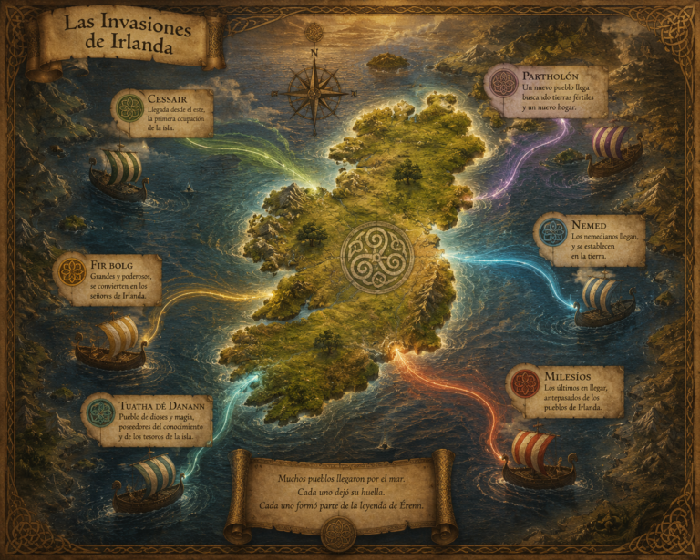 Mapa legendario de Irlanda mostrando las llegadas de los distintos pueblos míticos descritos en el Lebor Gabála Érenn