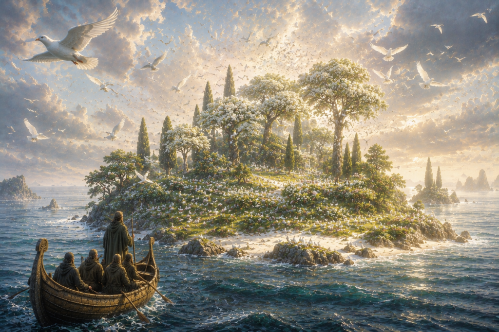 Isla repleta por miles de aves blancas en el relato Navigatio Sancti Brendani de la mitología irlandesa