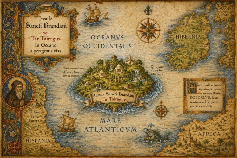 Ilustración de un mapa medieval mostrando la legendaria isla de San Brandán en el océano Atlántico
