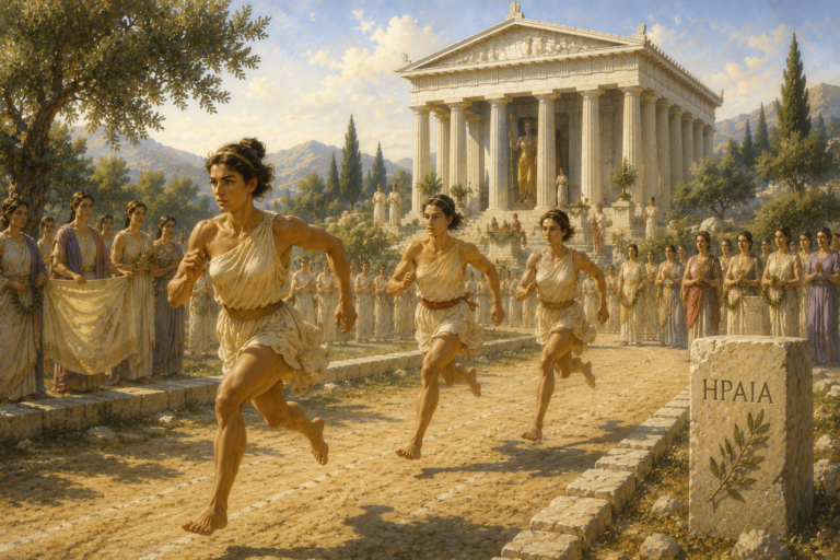 Las carreras femeninas de los Juegos Heraia, celebradas en honor a la diosa Hera compitiendo en su templo en Olimpia.