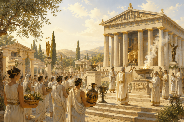 El santuario de Olimpia con el templo de Zeus en los antiguos Juegos Olímpicos.