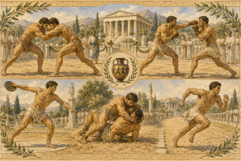 Ilustración de las principales disciplinas de los antiguos Juegos Olímpicos, incluyendo lucha, boxeo, pankration, lanzamiento de disco y carrera.