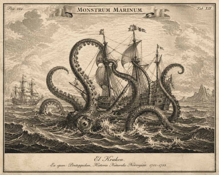 Ilustración inspirada en los grabados del siglo XVIII que muestra al legendario Kraken emergiendo junto a navíos en alta mar