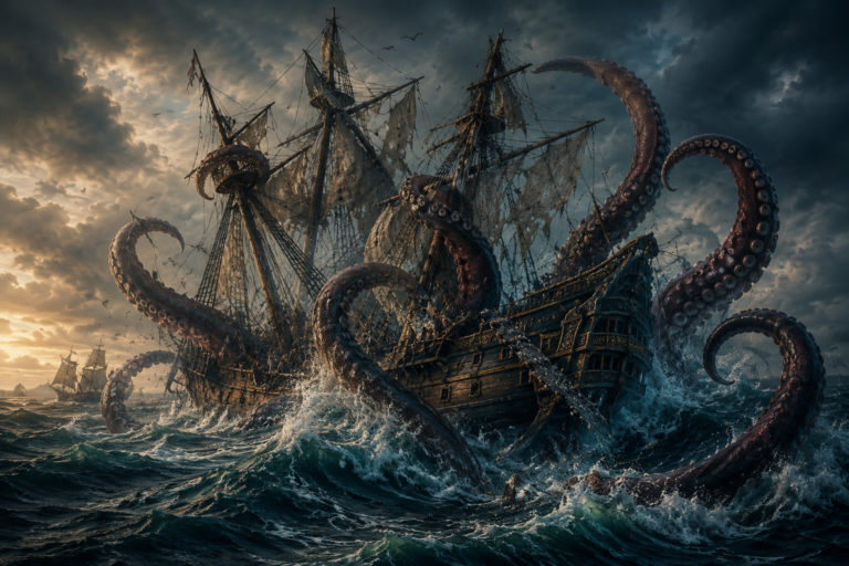 Gran navío del siglo XVIII atrapado entre enormes tentáculos marinos durante una tormenta en alta mar, inspirado en las leyendas del Kraken