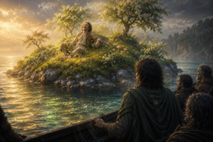 Isla de la Alegría en la mitología celta, donde Bran y sus hombres contemplan a un hombre que permanece riendo eternamente