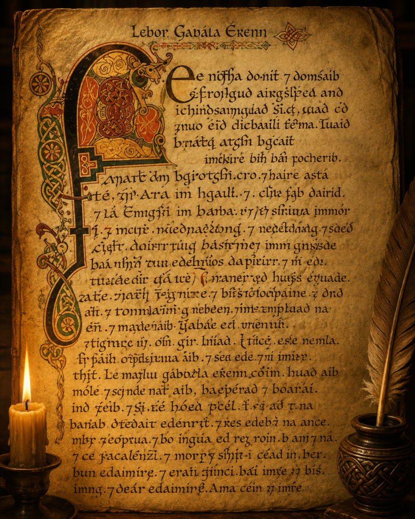 Página del Lebor Gabála Érenn con texto medieval irlandés. letras decoradas