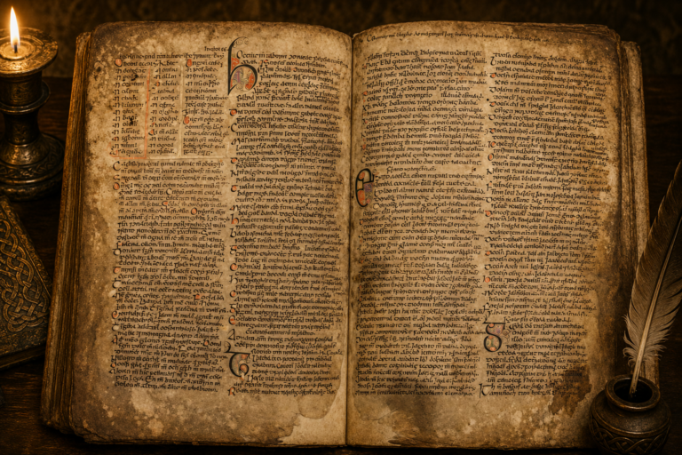 Ilustración del Libro de Leinster., manuscrito medieval con escritura gaélica