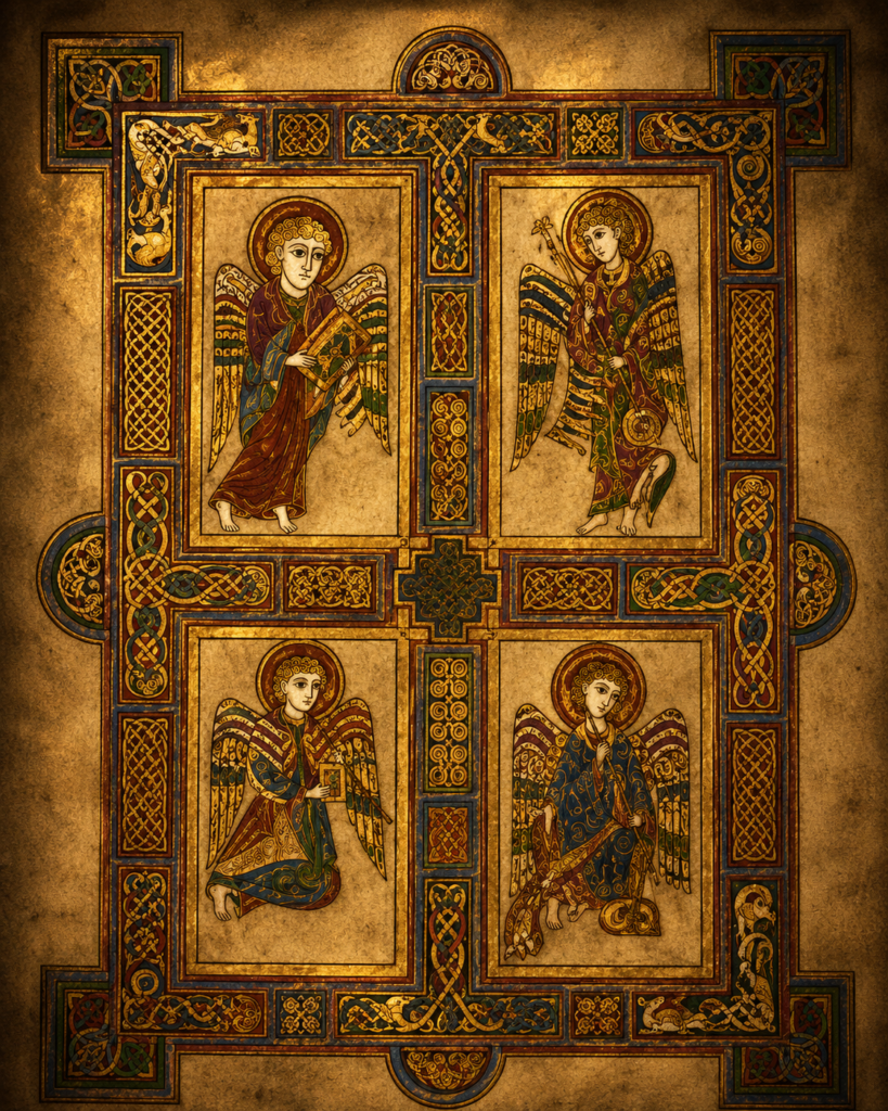 Página del Libro de Kells con símbolos cristianos, motivos celtas y elaborados detalles artísticos representación simbólica de los cuatro evangelistas (Tetramorfos)