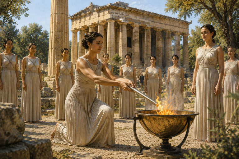 Ilustración del encendido de la llama olímpica frente al templo de Hera en Olimpia, ceremonia que conecta los Juegos Olímpicos modernos con la tradición de la Antigua Grecia.