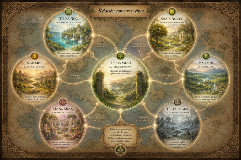 Ilustración de un mapa ilustrado del Otro Mundo celta mostrando algunos de los reinos e islas en la mitología celta.