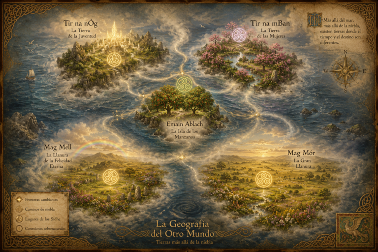 Mapa ilustrado del Otro Mundo celta mostrando algunas regiones, islas y territorios conectados entre sí por caminos de niebla