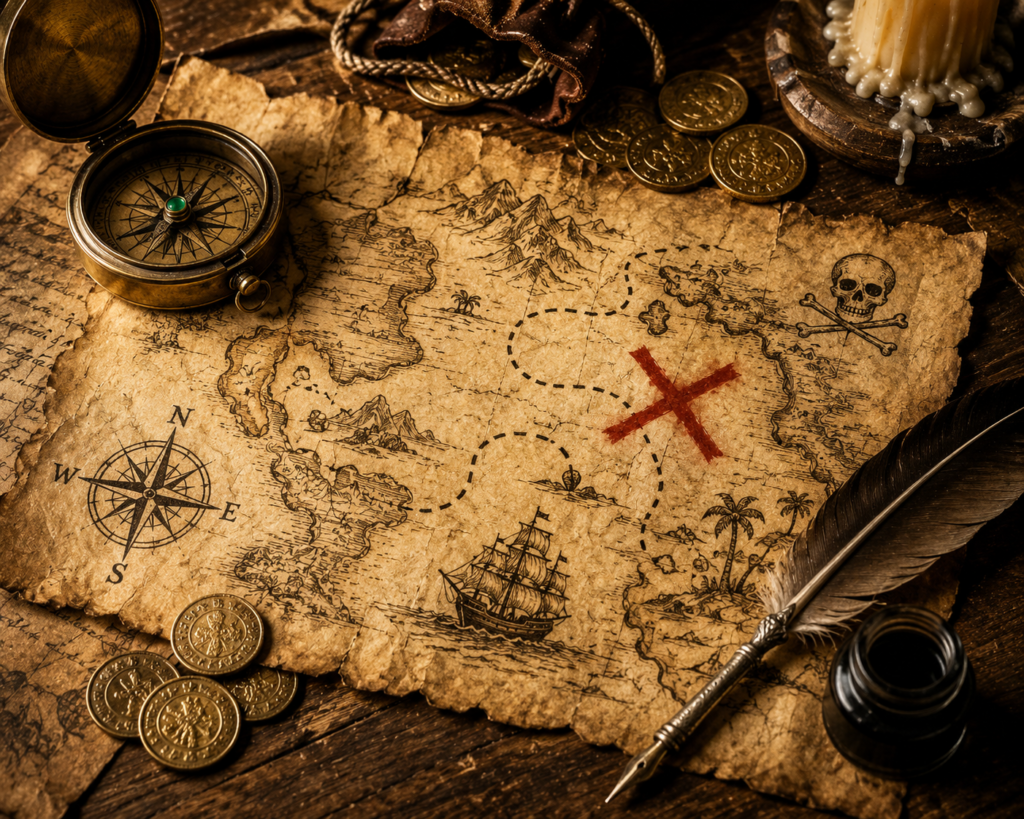 Mapa antiguo del tesoro con una gran X marcada, indicando el lugar del tesoro pirata escondido
