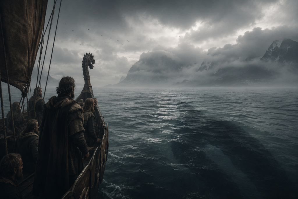 Marineros a bordo de un barco nórdico observando el océano con una gigantesca sombra que se desplaza bajo las aguas
