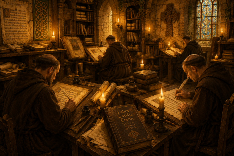 Monjes irlandeses copiando manuscritos en un scriptorium medieval iluminado por velas