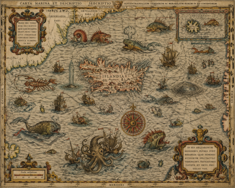 Mapa marítimo renacentista decorado con monstruos marinos, rutas de navegación, barcos y elementos cartográficos inspirados en las antiguas exploraciones oceánicas