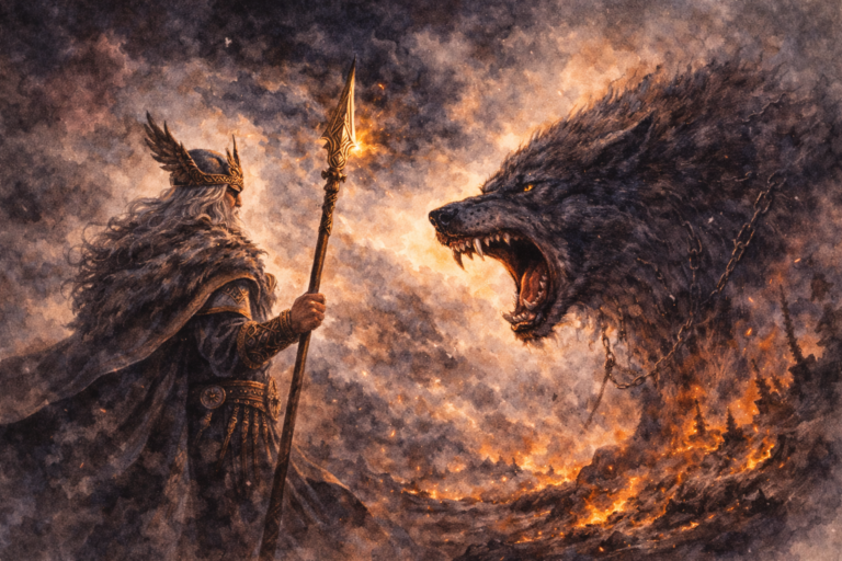 Odín y Fenrir se enfrentan en el Ragnarök, cumpliendo así la profecía.