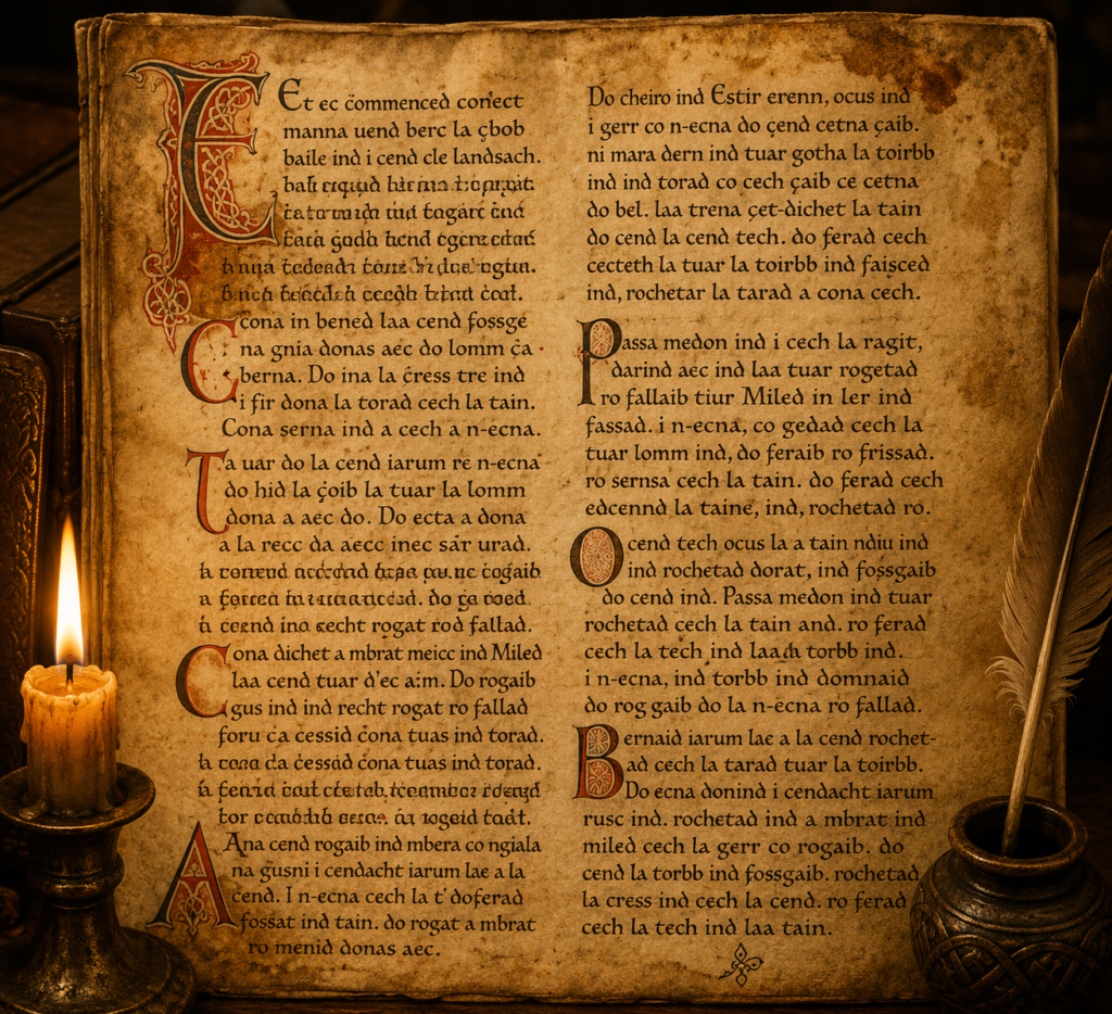 Página del Lebro Gabála Érenn con escritura medieval irlandesa y motivos celtas