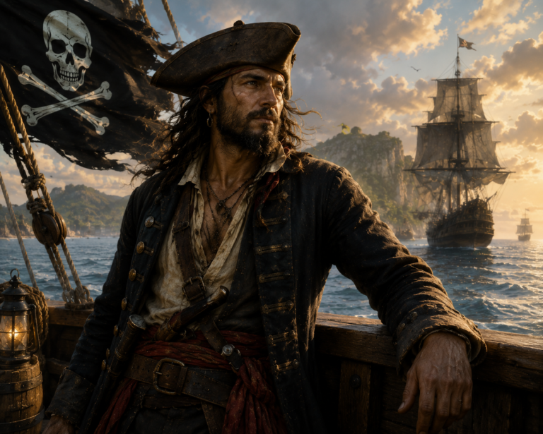 Ilustración de un pirata en la cubierta de una barco en alta mar
