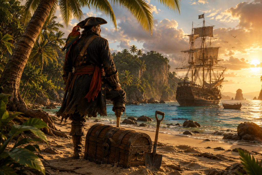 Pirata literario con pata de palo y loro al hombro junto a un cofre lleno de tesoros en una isla tropical inspirada en La Isla del Tesoro